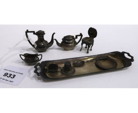 A miniature four piece silver tea service on tray, Birmingham marks, with a miniature chair, plate &amp; hat Condition Report