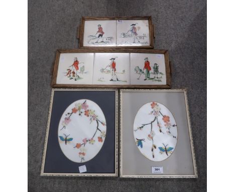 a framed H&amp;G Thynne ceramic plaque handpainted with golfing scenes, another example, two framed embroidery panels Conditi