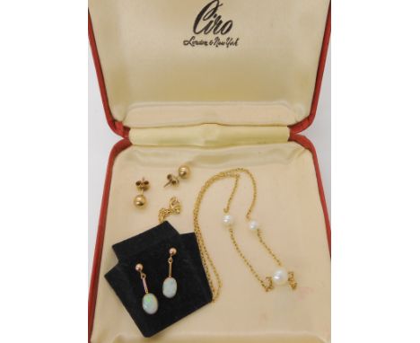 A 9ct gold chain strung with three pearls, with original box and paperwork from Ciro, a pair of 9ct opal earrings and a pair 