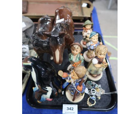 A lot comprising Hummel figures, a Beswick horse, another unmarked horse, a USSR Penguin and chick, a small quantity of costu