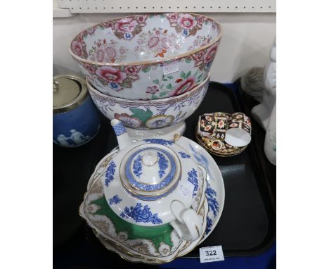 A lot comprising two Royal Crown Derby imari palette demitasse cups and saucers, a Cauldon chinoiserie teapot, a floral decor