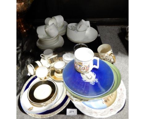 A lot comprising a white glazed, ribbed and gilt rimmed part tea service, Noritake gilt banded coffee cups and saucers, comme