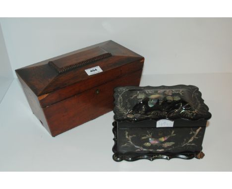 A Victorian mahogany two division tea caddy and a papier mache and mother of pearl inlaid tea caddy (def) (2) Condition Repor