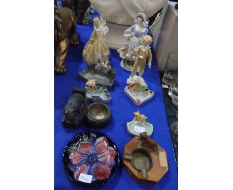 Three Royal Worcester figures The Parakeet, Grandmother's Dress and Rosie picking apples, a Moorcroft anemone dish and assort