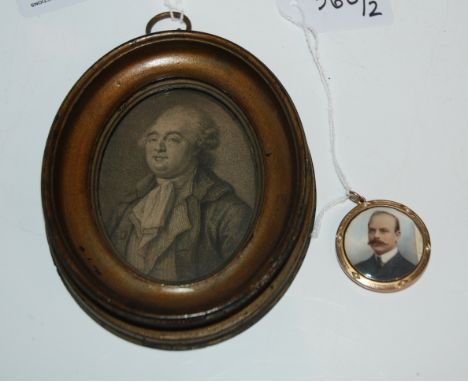 A painted portrait miniature of a gentleman (def) in circular gilt-metal and seed pearl frame, 4cm and an oval printed miniat