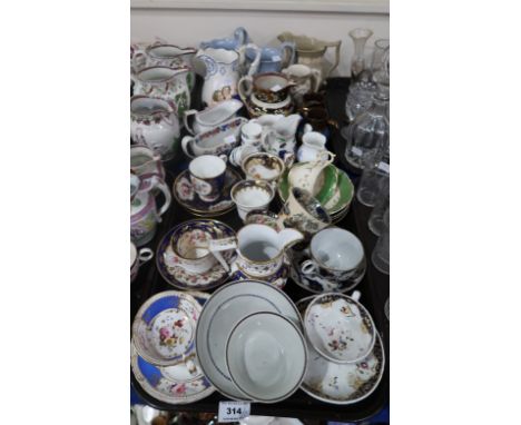 A collection of antique cups and saucers, many floral and gilt decorated, copper lustre jugs, a Staffordshire jug, Royal Clar