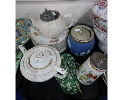 A lot comprising Victoria Czechoslovakia porcelain gilt and floral decorated plates, a Wedgwood jasperware EPNS topped biscui