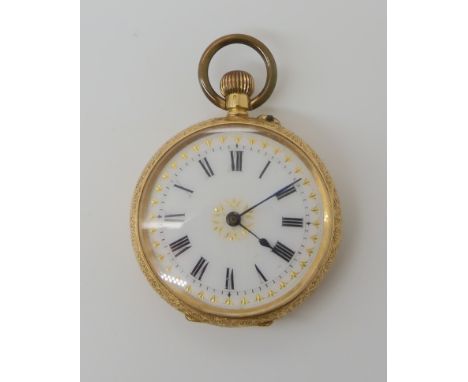 An 18ct gold fob watch with a decorative enamelled face, diameter of the case 3.8cm, weight including mechanism 44.9gms Condi