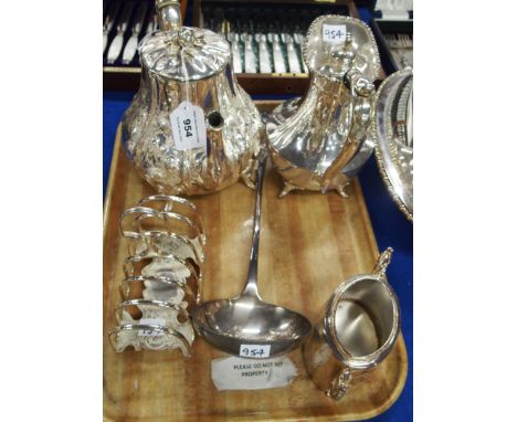 A tray lot of EP - teapot, toastrack, soup ladle etc. Condition Report: Available upon request