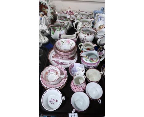A collection of antique Staffordshire/Sunderland pink lustreware jugs, a teapot, bowls, cups and saucers Condition Report: No