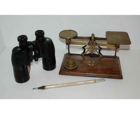 A pair of Ross, London binoculars in leather case, floating dairy thermometer and a set of Avery postal scales (3) Condition 