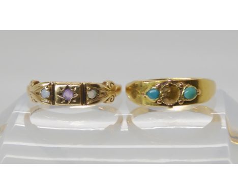 A 9ct gold opal and amethyst ring, size N, weight 1.9gms, together with a bright yellow metal turquoise ring size K1/2, weigh