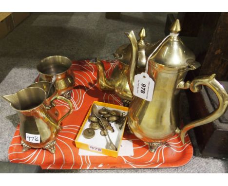 A tray lot of assorted metal ware - tea service, military buttons etc. Condition Report: Available upon request