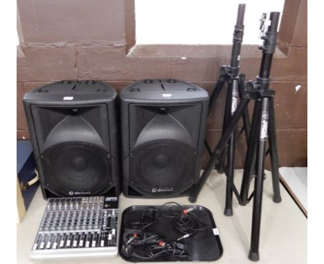 A Mackie 1402-VLZ3 premium mic / line mixer serial number (21)  WK18627 together with two QTX QS 12A active speakers and two 