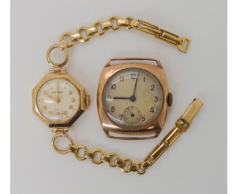 Two 9ct gold watch heads one with a gold plated strap, weight combined with mechanisms and strap 31.7gms Condition Report: Ge