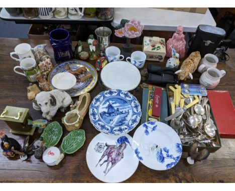 A mixed lot to include silver plated cutlery, Castle  Wynd pottery model of a bull, cased binoculars, carriage clock, model o