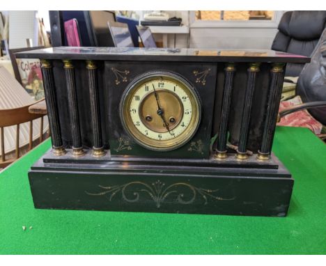 A late 19th century black marble cased mantel clock minus figure, 25cm x 42cm Location: 