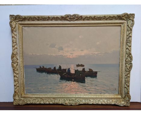 L Conca - Italian - seascape at sunset with fishermen in rowing boats, oil on canvas, signed indistinctly Location: 