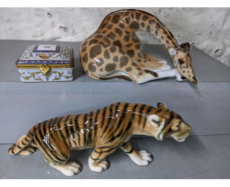 A le Tallec Limoges trinket box together with two porcelain animals to include a Russian USSR giraffeLocation: 