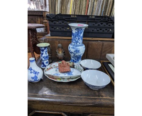 A group of Chinese, Japanese and Indian ceramics and other items to include a Chinese wooden matchbox holder with carved and 