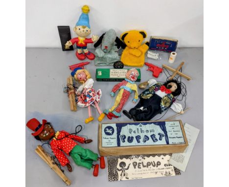 Vintage toys to include Pelham puppets, one boxed example and other puppet, Sooty and Sweep, a 1975 'Bendy; Noddy, Yoyo and o