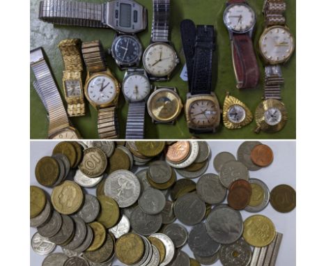 Mixed watches to include a vintage Timex Quartz, a Roamer, Mondaine and others, together with mixed coins and a cigar cutter 