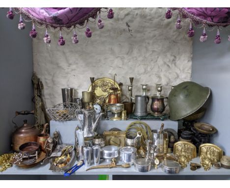 A mixed lot of metalware to include a post-war turtle helmet Mk 4, cast iron and brass scales with weights, pair of candelabr