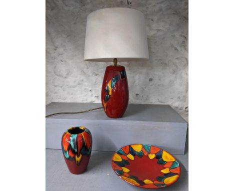 A Poole Volcano pattern table lamp, together with a vase and a bowl Location: 