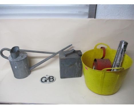 A yellow plastic bucket containing a vintage tin watering can, boxed Clarke 1/2" Drive torque wrench, RSK Emergency lamp, AA 