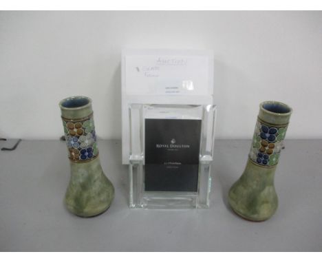 A Royal Doulton photo frame 12.5cm x 17.5cm, together with two Royal Doulton stoneware vases and a boxed Gisela Graham snow g