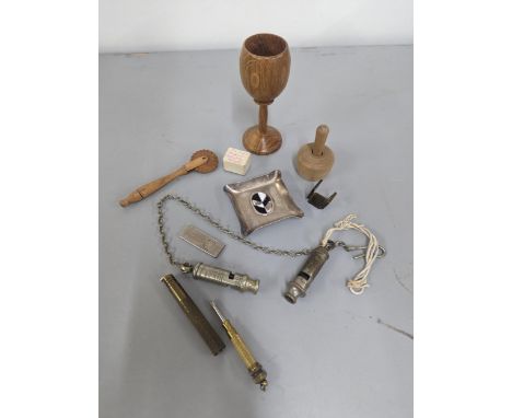 Collectables to include a silver and enamelled ashtray by John Ferguson Gow, police whistles, a butter stamp and other items 