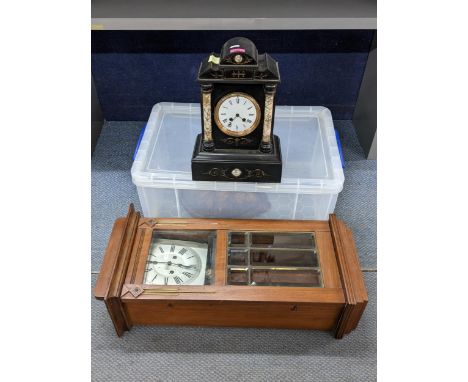 A late Victorian black marble 8-day mantel clock, together with an Art Deco wall hanging clock A/F Location: 