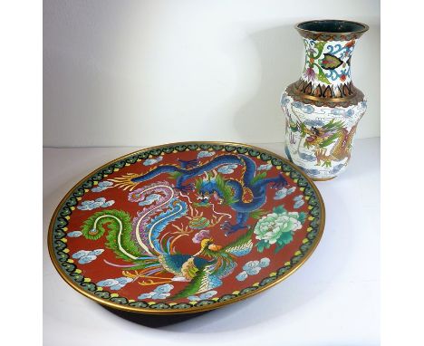 A heavy Chinese cloisonné charger; blue five-clawed dragon contesting the flaming pearl of wisdom against a fen,&nbsp;Ruyi he