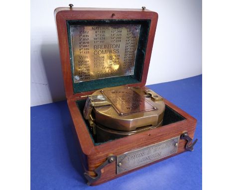 A good and heavy reproduction brass compass with mirrored interior housed within a hardwood box with brass plaque