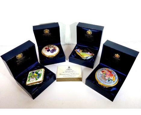 Four boxed Royal Worcester fine bone china&nbsp;Connoisseur Collection pill boxes: two circular and two lozenge-shaped, the B