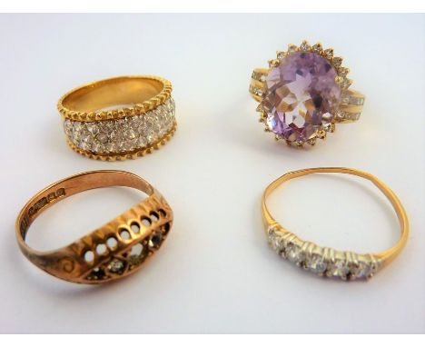 Four 9-carat gold stone-set rings: ring sizes M/N, N/O, O, O/P (total weight 12.49g) (The cost of UK postage via Royal Mail S