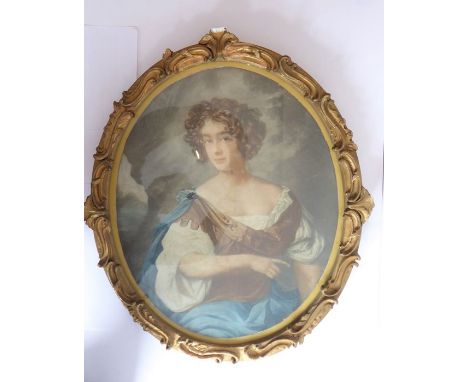 A late 19th/early 20th century oval gilt-framed half-length coloured engraving of a beautiful young woman in a blue sash (54c