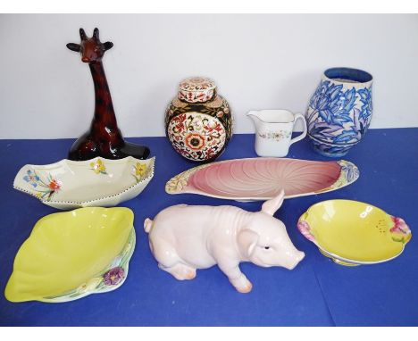 A good selection of pottery and porcelain: a model of a pig and a model of a giraffe (the larger, 26cm high), a Mason's Irons