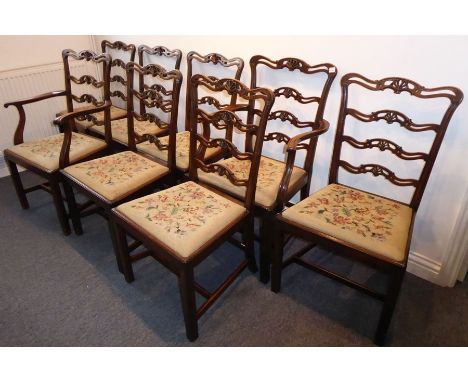 A good set of eight (6+2) 18th century-style mahogany ladderback dining chairs having drop-in floral needlework tapestry seat