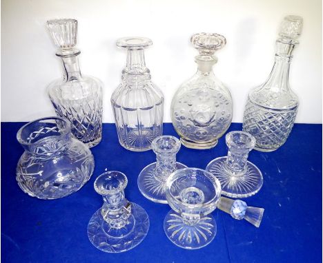 A selection of mostly cut glassware to include four decanters (25-29cm) and a pair of candlesticksCondition Report: Target-sh