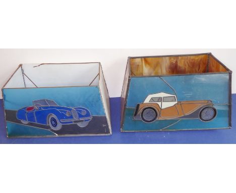 Two unusual Tiffany-style rectangular glass lamp shades decorated with classic cars (39cm long x 18.5cm wide, shade 33cm top 