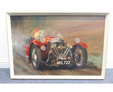 Lionel ROUSE (British) 1911-1984; a framed oil on artist's board study of motor racing, 'Joy Rainey' in a racing car with red
