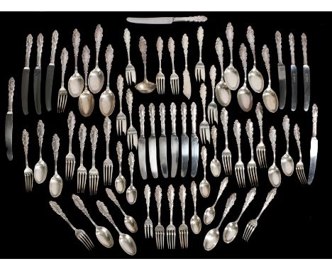 Gorham American Sterling silver part canteen of cutlery, with rococo scroll cast handles, consisting of nine table forks, nin