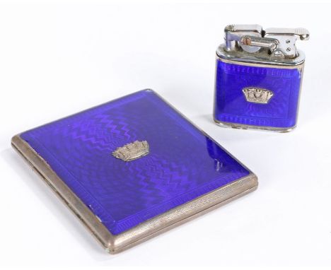 George V silver and blue enamel cigarette case, Birmingham 1932, maker Gieves Ltd. decorated with naval crown, matching cigar