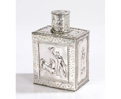 19th Century Dutch silver tea caddy, 1894, the cylindrical cover with dove above a band of figures, the rectangular body with