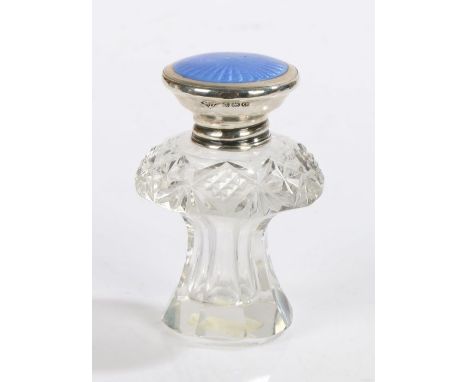 George V silver and blue enamel lidded clear glass scent bottle, Birmingham 1927, maker&nbsp;Kimberley &amp; Hewitt Ltd. the 