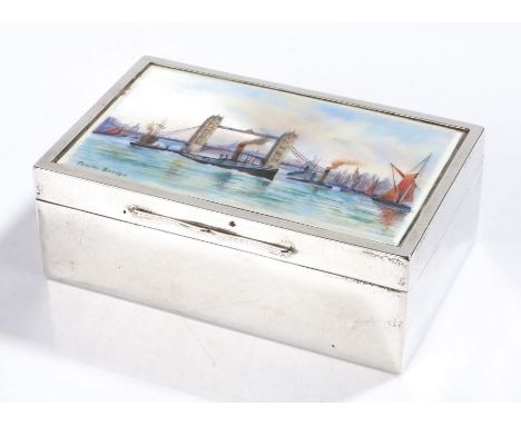 George V silver cigarette box, Birmingham 1927, maker&nbsp;Martin Hall &amp; Co Ltd. the hinged lid with enamel depiction of 