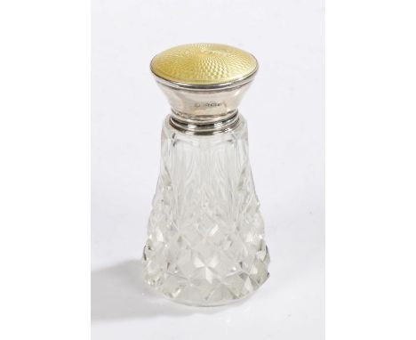 George V silver and yellow enamel lidded clear glass scent bottle, Birmingham 1924, maker&nbsp;Albert Carter, the yellow engi