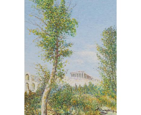 ▲ Vasilis Zenetzis (Greek, 1935-2016) 'The Parthenon from Philopappou Hill'signed in Greek l.r., also inscribed verso, oil on