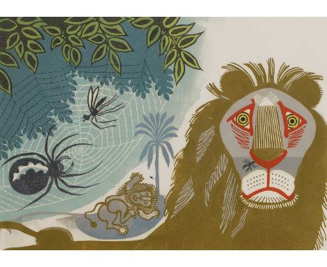 ▲ Edward Bawden RA (1903-1989) 'The Gnat and the Lion' (MG 090)linocut in colours, 1970, from ‘Aesop's Fables', signed 'Edwar